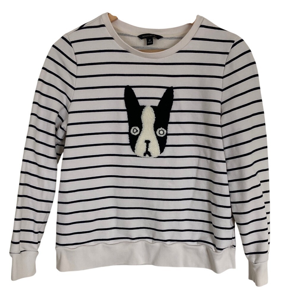 Banana Republic Womens French Bulldog Striped Sweatshirt Size M Black Cream‎